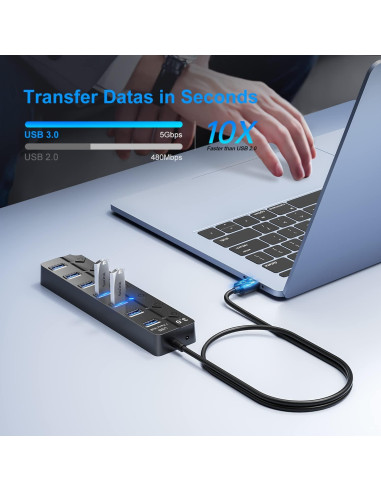 Hub USB 3.0 ONFINIO 7 Puertos con Interruptores y Luz Azul