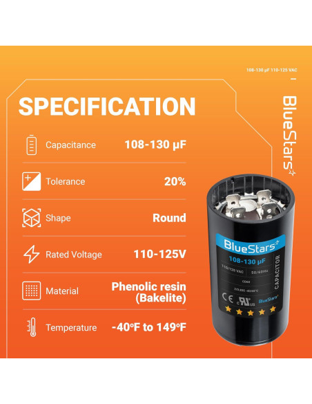 Capacitor de Arranque Redondo BlueStars 108-130 uF 110-125 VAC Capacitor de Arranque Redondo BlueStars 108-130 uF 110-125 VAC