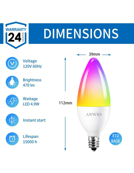 Bombillas Inteligentes ANWIO E12 LED 4.9W 470LM 2 Paquete Bombillas Inteligentes ANWIO E12 LED 4.9W 470LM 2 Paquete