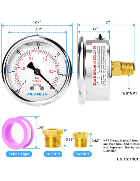 Manómetro de Vacío MEANLIN 1/8" NPT 2.5" Acero Inoxidable Manómetro de Vacío MEANLIN 1/8" NPT 2.5" Acero Inoxidable