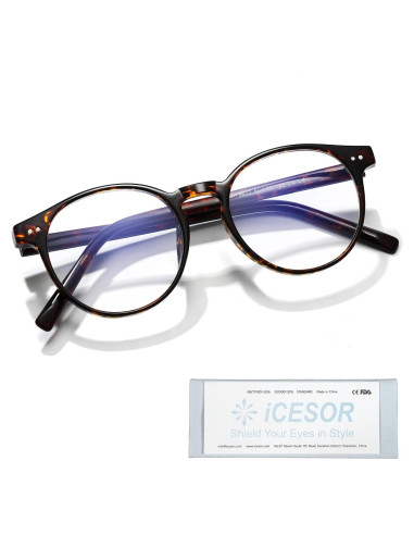 Gafas Redondas ICESOR Carey Ámbar Bloqueo Luz Azul