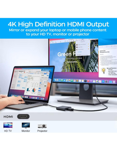 Adaptador USB C a HDMI 4K QINGLER con Carga Rápida 87W