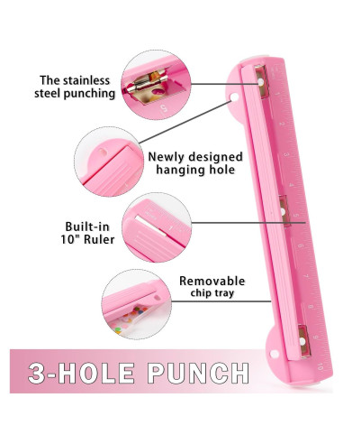 Perforadora de 3 Agujeros WORKLION Rosa con Regla 25.4 cm