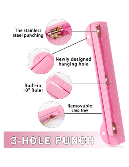 Perforadora de 3 Agujeros WORKLION Rosa con Regla 25.4 cm Perforadora de 3 Agujeros WORKLION Rosa con Regla 25.4 cm