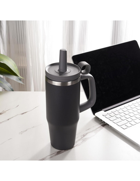 Taza de Agua Aislada Fijinhom 32oz Negra con Pajilla y Tapa Taza de Agua Aislada Fijinhom 32oz Negra con Pajilla y Tapa