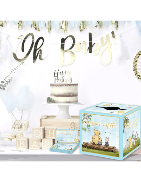 Juego de Baby Shower Winnie Pooh 50PCS - Caja de Rifa y Tarjetas Juego de Baby Shower Winnie Pooh 50PCS - Caja de Rifa y Tarjetas