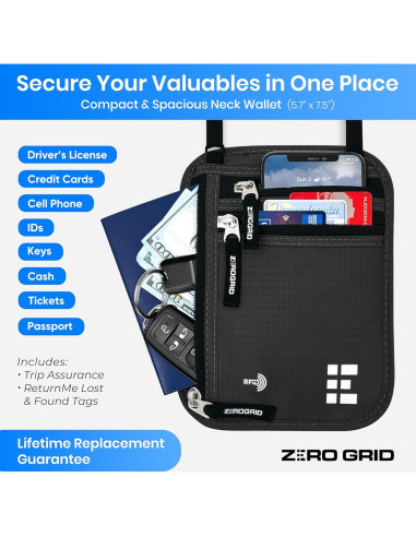 Billetera de Cuello Zero Grid Grande Gris Oscuro con Bloqueo RFID