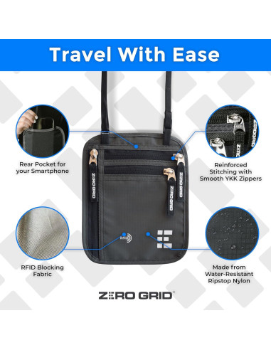 Billetera de Cuello Zero Grid Grande Gris Oscuro con Bloqueo RFID