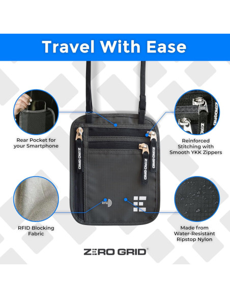 Billetera de Cuello Zero Grid Grande Gris Oscuro con Bloqueo RFID Billetera de Cuello Zero Grid Grande Gris Oscuro con Bloqueo RFID