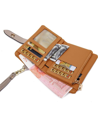 Cartera Bifold de Cuero TOPKOOL para Mujeres - Marrón, Compacta