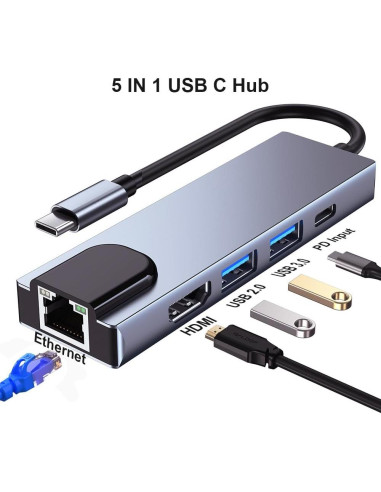 Hub USB-C 5-en-1 QCEs con HDMI, Ethernet y Carga PD