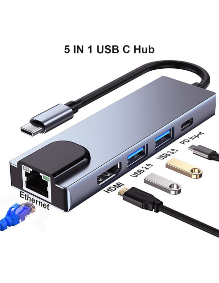 Hub USB-C 5-en-1 QCEs con HDMI, Ethernet y Carga PD Hub USB-C 5-en-1 QCEs con HDMI, Ethernet y Carga PD