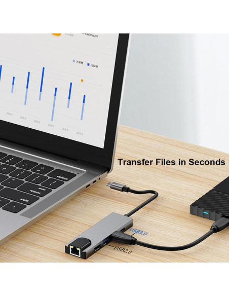 Hub USB-C 5-en-1 QCEs con HDMI, Ethernet y Carga PD Hub USB-C 5-en-1 QCEs con HDMI, Ethernet y Carga PD