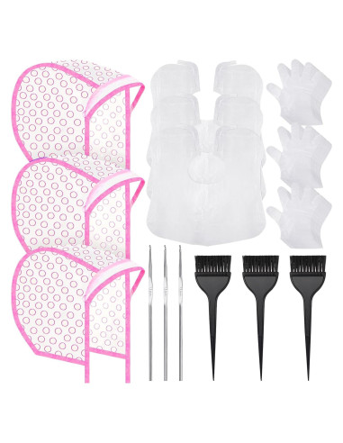 Kit de Coloración de Cabello Boao Rosa - 3 Gorras, 3 Brochas, Guantes