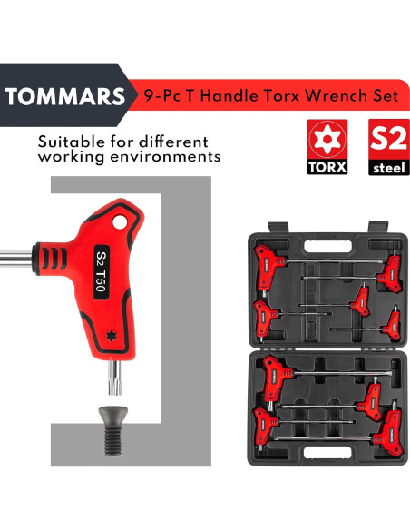 Juego de Llaves Torx T Manual 9PC TOMMARS Acero S2 T10-T50 Juego de Llaves Torx T Manual 9PC TOMMARS Acero S2 T10-T50