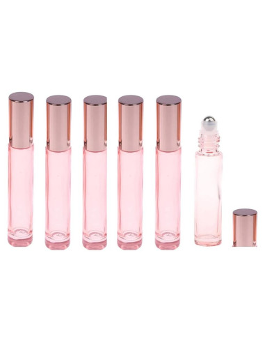 6 Botellas de Rodillo de Vidrio 10ml Lokusel Rosa con Tapa Oro