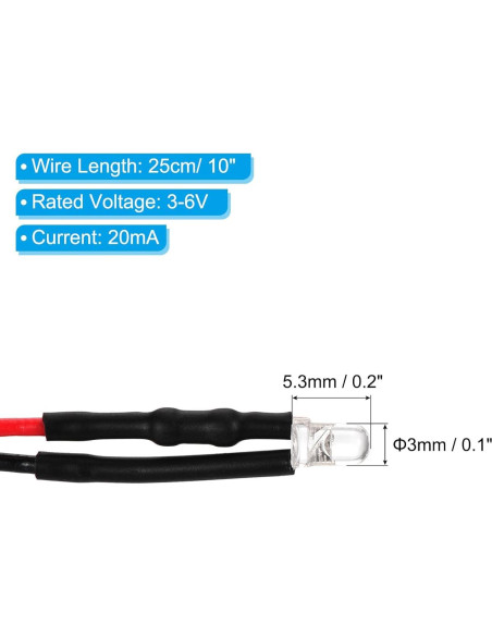 Diodos LED Azul PATIKIL 3mm 50 Pcs 3-6V Cableados Diodos LED Azul PATIKIL 3mm 50 Pcs 3-6V Cableados