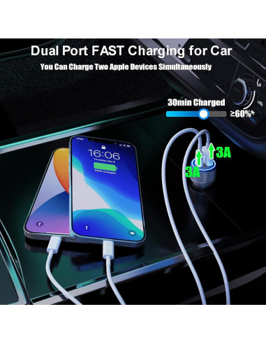 Cargador Rápido para Auto Veetone 48W USB-C Doble Puerto MFi
