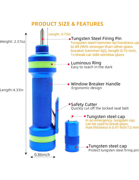 Rompe Ventanas de Auto Allelic B01 - Cortador de Cinturón Azul Rompe Ventanas de Auto Allelic B01 - Cortador de Cinturón Azul