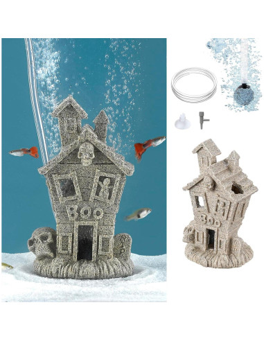 Casa Embrujada Carefree Fish para Peces - Decoración Halloween 10.9x7.1x14 cm
