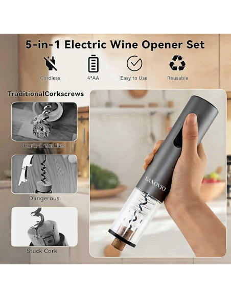 Juego de abridor de vino eléctrico 5 en 1 SANOVIO Gris Espacial Juego de abridor de vino eléctrico 5 en 1 SANOVIO Gris Espacial