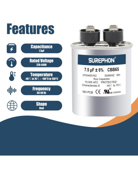 Capacitor CBB65 7.5 uF 370/440V para Motor de AC y Ventilador Capacitor CBB65 7.5 uF 370/440V para Motor de AC y Ventilador