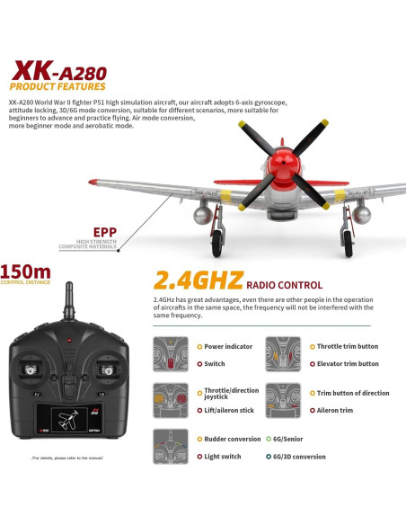 Avión RC P51 Mustang 560mm 4CH con 2 baterías y LED Avión RC P51 Mustang 560mm 4CH con 2 baterías y LED