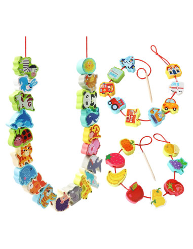 BMTOYS Cuentas de Enhebrar de Madera para Niños 3+