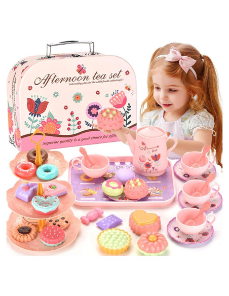 Juego de té de plástico QUN HUI para niñas 3-8 años Juego de té de plástico QUN HUI para niñas 3-8 años