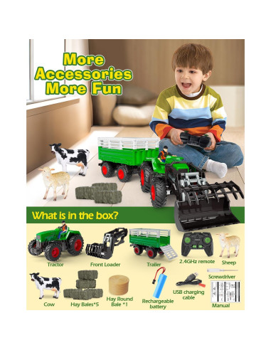 Tractor RC Gohero Verde con Animales y Cargador Frontal