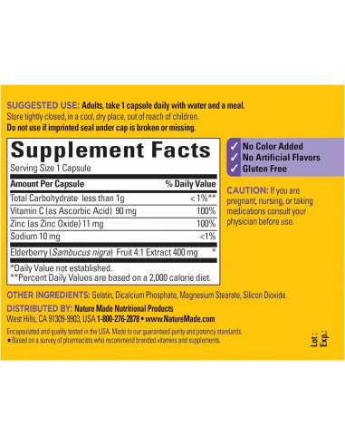 Elderberry Nature Made 400 mg con Vitamina C y Zinc - 60 Cápsulas