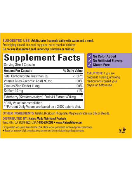 Elderberry Nature Made 400 mg con Vitamina C y Zinc - 60 Cápsulas Elderberry Nature Made 400 mg con Vitamina C y Zinc - 60 Cápsulas