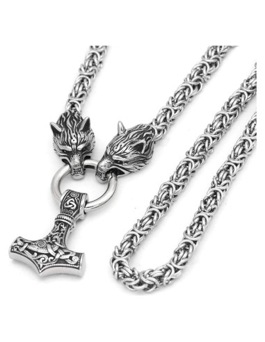 Collar Vikingo GuoShuang con Colgante de Lobo y Mjolnir