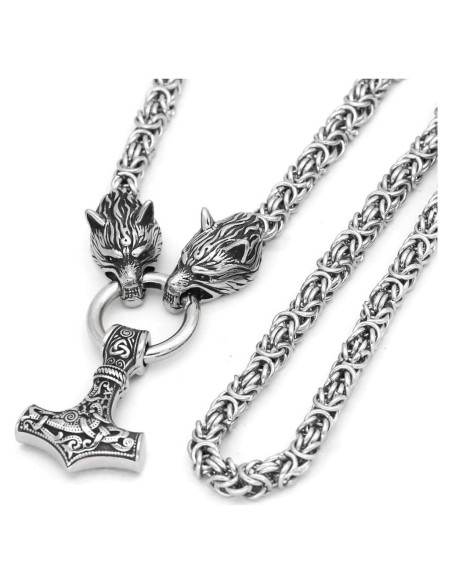 Collar Vikingo GuoShuang con Colgante de Lobo y Mjolnir Collar Vikingo GuoShuang con Colgante de Lobo y Mjolnir