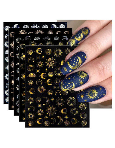 Pegatinas de Uñas Autoadhesivas JMEOWIO 10 Hojas Diseño Luna Estrella