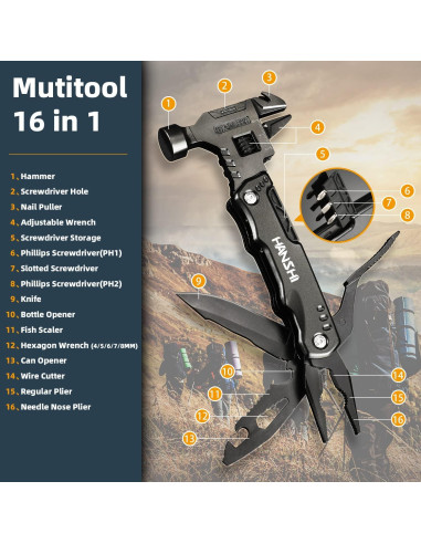 Multiherramienta 16 en 1 HANSHI con Llave Ajustable y Martillo
