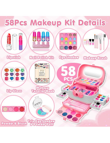 Kit de Maquillaje Rosa para Niñas - 58 Piezas con Espejo