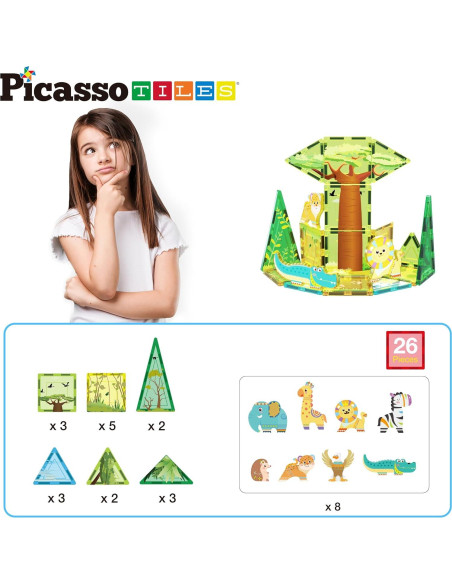 Bloques Magnéticos PicassoTiles Safari 26 Piezas y 8 Figuras Bloques Magnéticos PicassoTiles Safari 26 Piezas y 8 Figuras