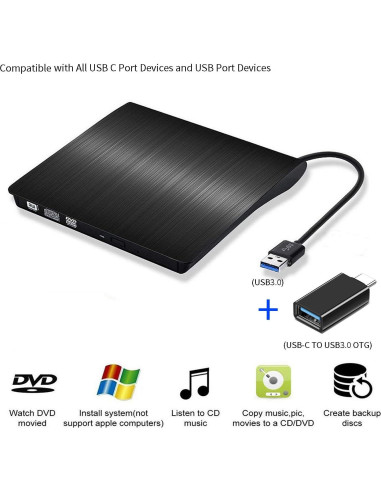 Unidad de CD externa YMY portátil USB3.0/USB-C 2 en 1 negra