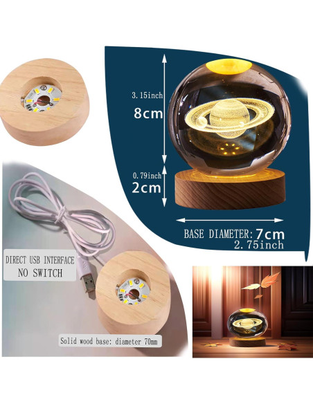 Luz Nocturna 3D Saturno KAZETEC con Base LED 8cm Luz Nocturna 3D Saturno KAZETEC con Base LED 8cm