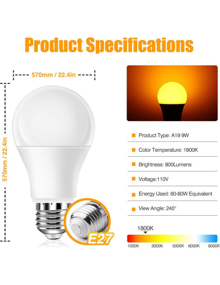 Bombillas LED Ámbar Neporal 9W, luz cálida 1800K, 1 paquete Bombillas LED Ámbar Neporal 9W, luz cálida 1800K, 1 paquete