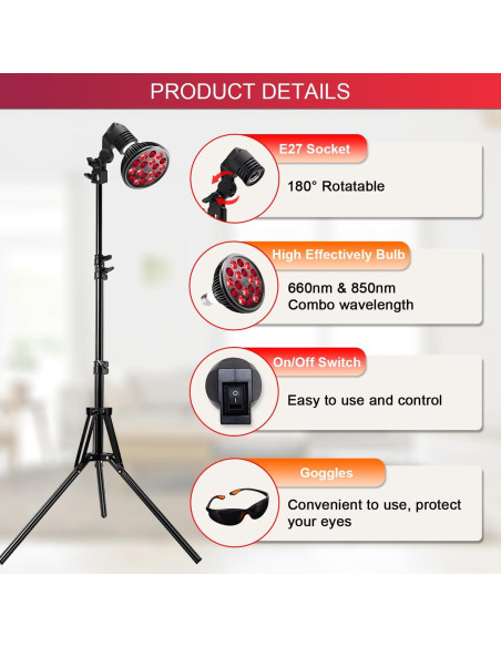 Lámpara de Terapia de Luz Roja Wolezek 18 LEDs Soporte 38-155 cm Lámpara de Terapia de Luz Roja Wolezek 18 LEDs Soporte 38-155 cm