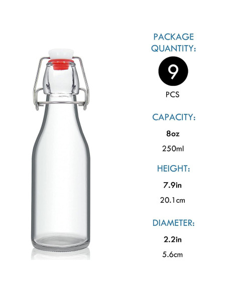 Botellas de vidrio 8oz YEBODA con tapa abatible - Paquete de 9 Botellas de vidrio 8oz YEBODA con tapa abatible - Paquete de 9