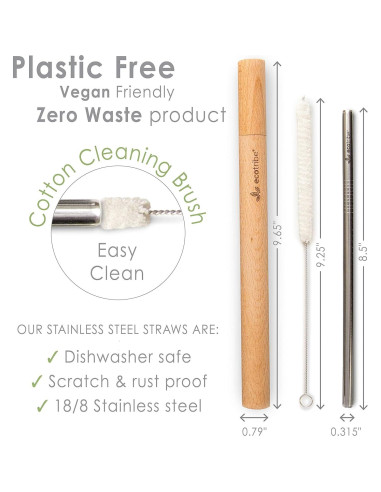 Juego de 4 Pajitas Metálicas Reutilizables EcoTribe - Acero Inoxidable, 21.6 cm