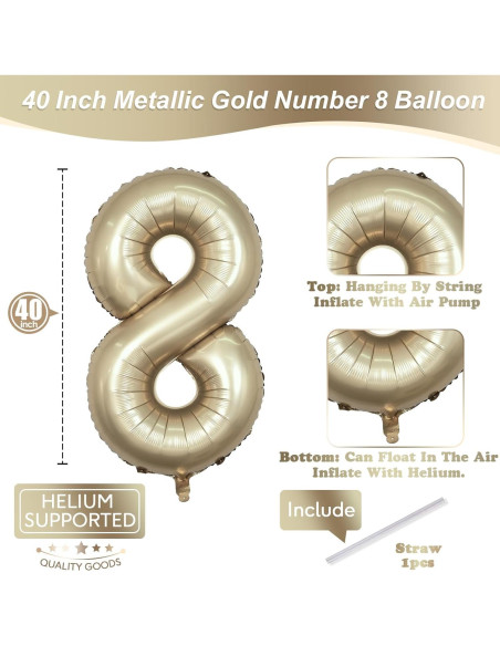 Globo Número 8 Dorado Metálico 101,6 cm Mylar para Fiestas Globo Número 8 Dorado Metálico 101,6 cm Mylar para Fiestas