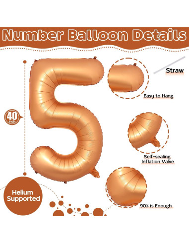 Globo de Número 5 Naranja 101,6 cm Autoinflable para Fiestas