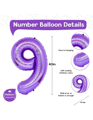 Globo de Número 9 Púrpura 101,6 cm Autoinflable para Fiestas