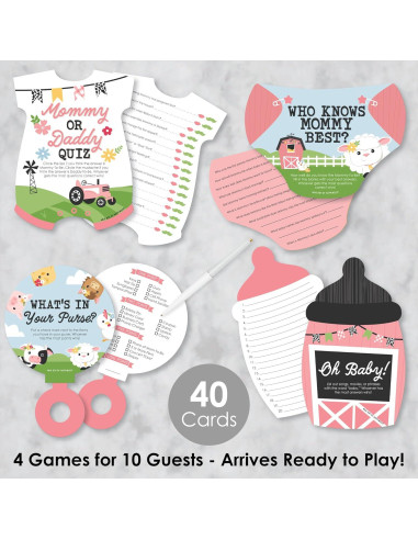 Paquete de Juegos de Baby Shower Granja Rosa - 4 Juegos