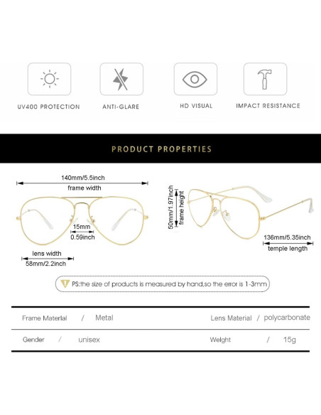 Gafas Aviador Gleyemor Anti Luz Azul Unisex 58mm Gafas Aviador Gleyemor Anti Luz Azul Unisex 58mm