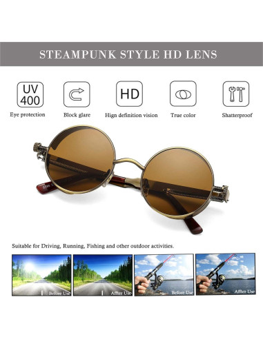 Gafas de sol redondas steampunk HJSUN10 con lentes HD